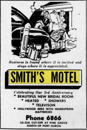 Smiths Motel (Northway Inn, Gaslite Motor Lodge, Shulz Bavarian Inn & Motel) - June 1952 Ad
